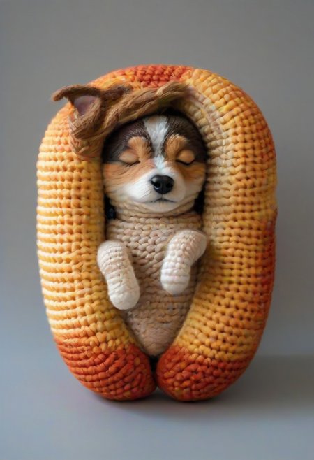 dog sleeping in hotdog bun, by saint exupery, crocheted style