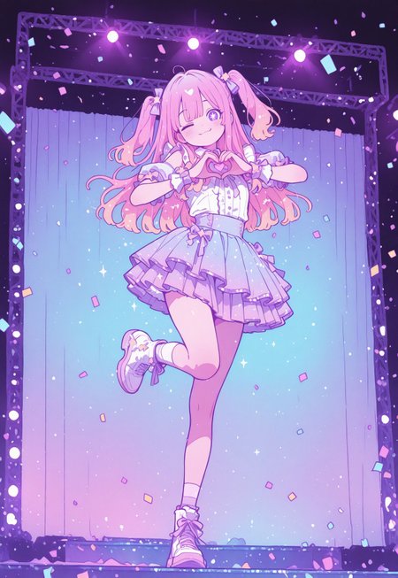  aesthetic, film grain 
(masterpiece), best quality, amazing quality, aesthetic, 

1girl, solo, idol, stage, long hair, pink hair, gradient hair, star-shaped pupils, sparkling eyes, idol dress, frills, pleated skirt, pastel colors, winking, heart hands, 4-Finger Heart Hands,,glowing lights, looking at viewer, full body, cheerful, dynamic pose, background lights, confetti, ribbon, energetic, vibrant, standing on one leg,glittering-idol-outfit

 Flatline, Flat vector illustrations 
<lora:NOOB_vp1_detailer_by_volnovik_v1:0.3> <lora:ponyv6_noobE11_2_adamW-000017:0.3> <lora:XXX667:0.7> <lora:checkpoint-e18_s306:2>,