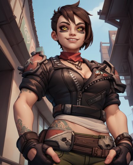 score_9,score_8_up,score_7_up,
Mozexl,short brown hair,yellow eyes,cheek facepaint,hands in pockets,
fingerless gloves,necklace,belt,shoulder armor,scarf,leather jacket,midriff,cleavage,
standing,u looking at viewer,light smile, hiip tattoo,  from below, 
underground bunker,
<lora:MozeXL:0.8>,