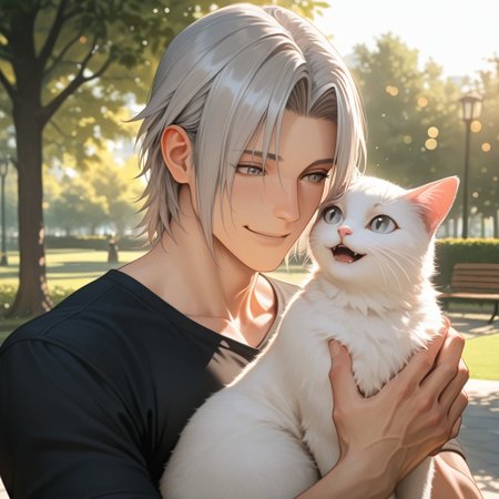 masterpiece, best quality, amazing quality, absurdres, newest, detailed background, definition so sharp, Ultra-HD, 8K cinematic, very awa, impressionate, amazing quality, highres, 
solo, male focus, manly, 
yashiroisana, 1boy, short hair, parted bangs, shiro_pretime, shiro_grey hair, shiro_grey eyes, smiling, interacting with pet, white cat, playful gesture, calm, park, sunny day, soft bokeh, aesthetic, friendly, joyful, energetic