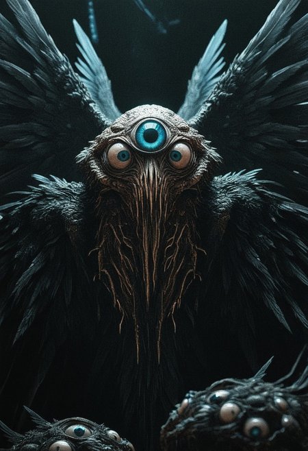 DnD_Grainyboyz, grainy, noise, Dark cyberpunk artwork, Extremely hyper realistic detailed seraphins, mystical creature with hundreds of eyes and wings,
