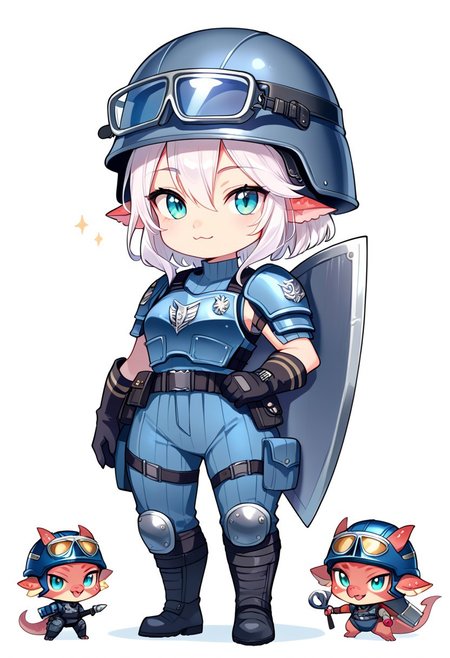 score_9, score_8_up, score_7_up, source_cartoon, cute chibi kobold, chibi body, swat armor, combat gloves, swat helmet, holding riot_shield in front, looking at viewer,  SomSom Style