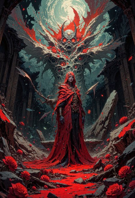 masterpiece, high-quality, A regal figure in tattered crimson veils standing at the altar of a ruined cathedral, black roses at her feet. Her pale skin is traced with ghostly runes, glowing with the echoes of collapsing timelines. The swirling fragments of past weddings float around her like phantoms, each veil torn by the sharp edges of reality. deep gothic tones, heavy chiaroscuro, hyperdetailed, refined details, best quality, high resolution, <lora:FLUX\Anime v1.3:0.5> <lora:FLUX\FLUX-daubrez-DB4RZ:0.3> <lora:FLUX\VividlySurrealOrigin:0.6> <lora:FLUX\DarksunRiddV4:0.4>
