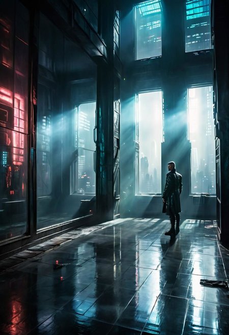 Super Closeup Portrait, chdmchlwrd, Dark art, Large hall in skyscraper, huge reflecting Window to the ceiling, Rear View, Grey DARK color palette, glimpse of color in the far, 80s DARK dystopian Blade Runner Flair, Lowlight dark Pastel Tone, very Detailed, awesome Quality, reflecting, luminescent, translucent, Ethereal, Aura, Busty naked Motoko Kusanagi, See through dress, Body Silhouette, rainy dystopian Megacity through Window, overslept, shy questioning Look from below, underboob, puffy nipples, giga_busty, Wooly corduroy skirt, high wool stockings, very detailed, uhd, masterpiece, White smoke, light beams through smoke,