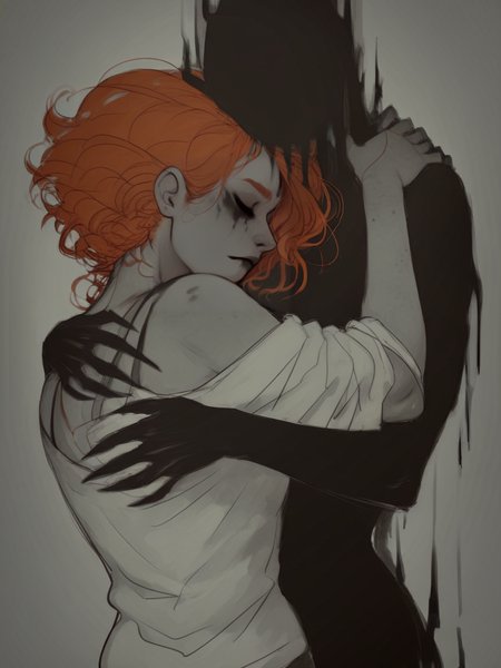 score_9, score_8_up, score_7_up, score_6_up, score_5_up,  <lora:th3d4rkXLP:1> th3d4rk, darkness, shadow, 1girl, ginger hair, monochrome, hug