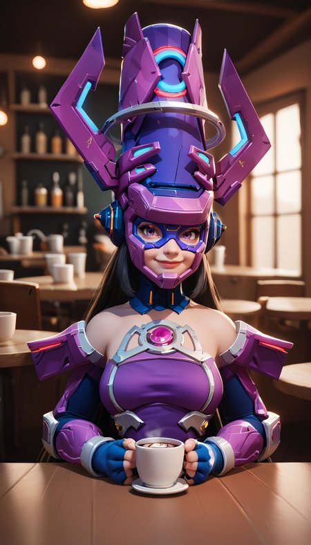 zPDXL3,<lora:LunarCAT_Style:.8>,  <lora:GalactaMR:.7>,
galactamr, woman, purple eyes,helmet,black hair,long hair, medium breasts, purple dress,chest jewel, elbow gloves, fingerless gloves, looking at viewer, smiling, sitting, behind a table, inside cafe, holding hot chocolate, steam, upper body shot,