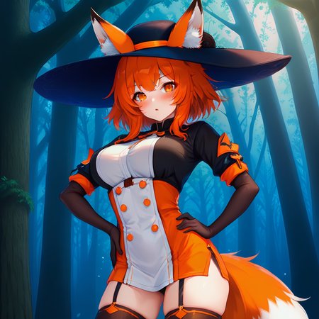 hand on hip, animal ear fluff, breasts, fox girl, animal ears, blush, forest, hat, orange eyes, thighhighs, parted lips