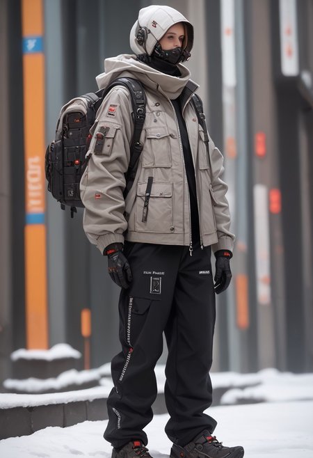 score_9, score_8_up, score_7_up, score_6_up, score_5_up, score_4_up, source_real, cowboy shot, full body, snow, techwear, solo, gloves, long_sleeves, standing, jacket, pants, hood, bag, no_humans, blurry_background, backpack, helmet, robot, mecha, 1other, zipper, science_fiction, realistic, humanoid_robot, Vivid Colors, high Contrast,