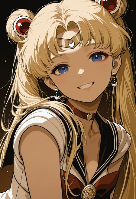 masterpiece, best quality, amazing quality, very aesthetic, absurdres, newest, cvle01, 1girl, solo, (minimalism:1.2), flat-shading, sepia, (spot-color), tsukino-usagi, sailor-moon, blue-eyes, blonde-hair, smile, grin, head-tilt, facing-viewer, sailor-moon-pose, abstract-background, two-tone-background, gradient-background, detailed hair, volumetric lighting, realistic-lighting,