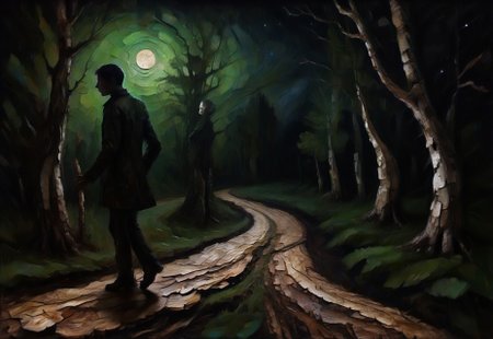 a surrealist painting of a dark meandering country road made out of (Jed-brk), night, birch trees, a dark human figure, green moonlight, swir, ((stars)), dark-grasshrooms, dark, backlit, low key, sidelight, silhouette, depth of field, blurry foreground