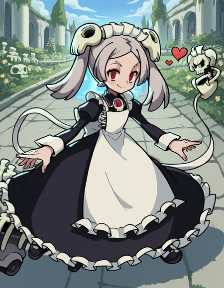 score_9, score_8_up, score_7_up, source_anime, <lora:skullgirls-marie-ingame-ponyxl-lora-nochekaiser:1>, marie, hair ornament, red eyes, twintails, skull, skull hair ornament, grey hair, forehead,, apron, maid, maid headdress, long sleeves, wrist cuffs,, garden, flowers, path, plants, tranquil, , <lora:finger-heart-ponyxl-lora-nochekaiser:1>, finger heart, heart, blush, smile,, looking at viewer, solo,, dutch angle, cowboy shot