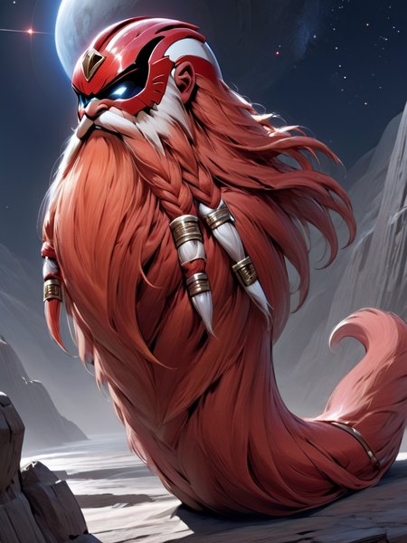 ultra detailed, masterpiece,  Harry_Dwarf,  power ranger, (wearing power rangers armor),(chest armor),(body suit),( spandex), face helmet, long red and white patterned beard, bangles, <lora:Harry_Dwarf_1.5:1.2>, back lighting, beautiful lighting, rocky planet, starry background, hairy, everything is covered in hair,