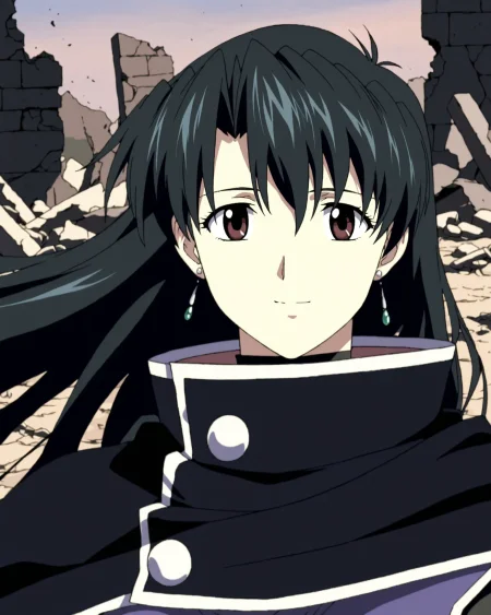 <lora:Raquel_ill_v10:0.8>  Raquel Casull, 1girl, solo, jewelry, earrings, cloak, black cloak, cape, black cape,hair down, light smile, floating hair, upper body, looking at viewer,  close-up, anime coloring, ruins, high quality,highres, absurdres, super detailed skin