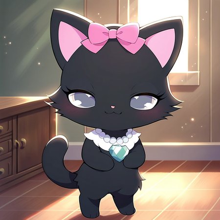 (score_6 , score_7_up:1.2), 
indoors, 
standing,smile,happy, Full Body, Romantic, Small Body, chibi,Furry, looking_pleasured, 
 jewel pet, ((solo,1girl,female)),center,Diana,perfect diana,(black fur,black body),solo,grey eyes,((narrowed eyes)),mesugaki,
no humans,animal,cat,cat ears,(pink inner ears),
jewelry,heart_gem,necklace,pink bow, right-handed,