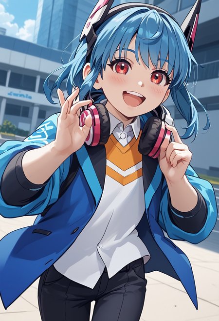 score_4,score_5,score_6,score_7_up,score_8_up,score_9 ((masterpiece,best quality,ultra detailed,highres,HD,4k:1.2)), 
1 femboy,((solo,solo focus)),boy focus,face focus,petite,young,
blue hair,red eyes,black sclera, helmet,head gear,
headphones around neck,open clothes,blue jacket,shirt,collared shirt, pants,
happy,open mouth,blush,smile,