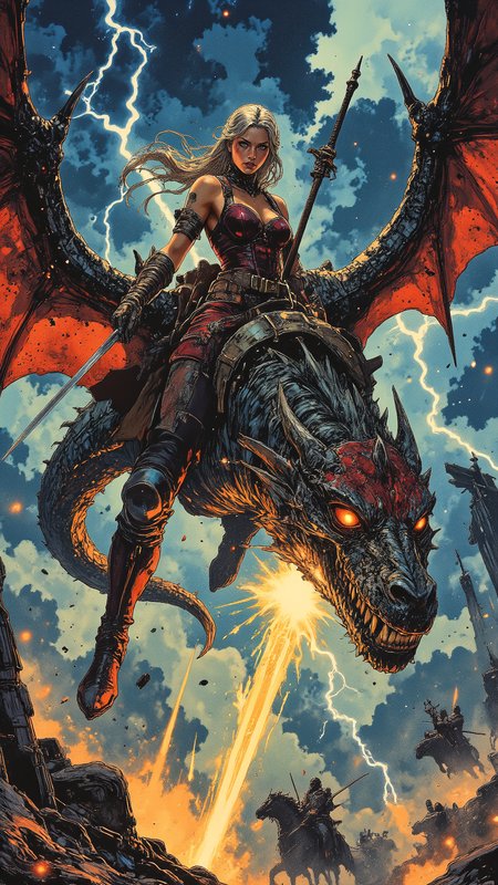 High-resolution anime-style illustration with expressive brushstrokes, cinematic lighting, and epic fantasy atmosphere. A fierce warrior woman clings tightly to the glowing scales of a massive dragon as they soar through a storm-ridden sky, lightning crackling around them. Her long, platinum-blonde hair is tied into an intricate braid, strands whipping wildly in the wind as her piercing sapphire eyes focus ahead with unshaken determination. She wears a sleek, dark crimson leather corset with golden embroidery, form-fitting battle pants, and knee-high armored boots, the fabric and metal catching the flickering stormlight. One gloved hand grips the dragonâs reins, while the other clutches a curved enchanted blade, its edge glowing with runes that pulse in sync with the storm. Below them, an army of airborne foes rides shadowy wyverns, their silhouettes barely visible against the swirling storm clouds and the shattered remains of a floating fortress. The dragonâs powerful wings carve through the sky, leaving glowing embers in their wake as its roaring flames illuminate the battlefield. Dynamic lighting blends deep indigo clouds with brilliant flashes of gold and crimson, creating a breathtaking, high-energy composition <lora:illustration:0.5> <lora:Vibrantly_Dark_style_v.1:0.7000000000000001> <lora:Vintage_comic_book:0.8>