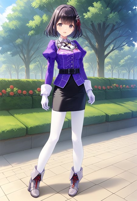 1girl, solo, park, standing, full body, <lora:KC_03HC_haguro_pony:1> hagurokaikc, purple_jacket,  long sleeves, puffy sleeves, elbow gloves, white gloves, black belt, black skirt, pencil skirt, white pantyhose, grey boots,, score_9,score_8_up, score_7_up, source_anime, masterpiece, best quality,  official art, official style, game cg, megami magazine, rating_safe, rating_questionable, <lora:Fixhands_anime_bdsqlsz_V1:0.75>, NEGATIVE_HANDS
