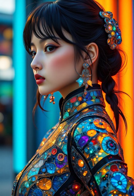 High fashion photography, a supermodel, beautiful face and eyes, TacExoGear, Exosuit, tactical gear, but subtle cybernetic enhancements that do not cover the face, A glamorous model in a futuristic rendition of traditional Chinese qipao, designed with a sleek, form-fitting silhouette and futuristic metallic fabrics. The outfit features intricate embroidery in neon threads, glowing subtly as the light reflects off the surface, leaning forward pose, Candid Emotions, from behind, looking back, straight-on, (dutch angle:0),cowboyshot, wind, floating hair, Direct Eye Contact,  <lora:RM_TacExoGear_v0.2:0.5>, midjourney_whisper_avant_couture, <lora:midjourney_whisper_avant_couture_v01:1.2>, cs-cr1stal, <lora:Crystality_Flux:0.35>, <lora:midjourney_whisper_chromaplex_v1:0.45>,  <lora:Midjourney_Whisper_AgateX_v1_epoch_20:0.45>,