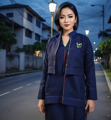 Hyper detailed photo, captivating full body portrait of a 20y old woman posing on a sidewalk at night, jet-black hair, Navy Blue Kebaya Rokiah clothing, detailed face, detailed hair, smirk, make up, realistic skin texture, ultra realistic photo, award winning realistic photograph by the world best portrait photographer, overcast day, nikon, award winning, breathtaking, groundbreaking, stunning, superb, outstanding, lens culture landscape awards, photoshopped, cinematic toning, ultra high resolution, evenly lit features, 8k, hi res,  <lora:Navy Blue Kebaya Rokiah_clothing-000007:1>