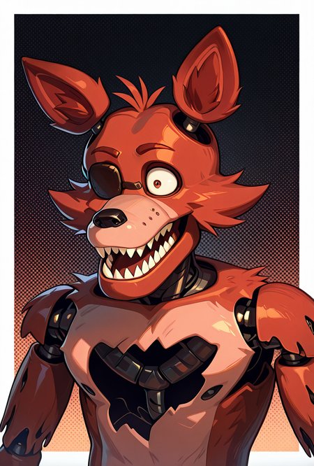 <lora:foxy-09:1> foxy, animal ears, 1boy, solo, sharp teeth, eyepatch, pirate hook,  joints, animatronic,, masterpiece, best quality, amazing quality, very aesthetic, absurdres, newest,, upper body, halftone effect, white borders, abstract background:1.2,