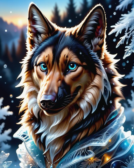 score_9, score_8_up, score_7_up, intricate details, rating_safe,
<lora:BioIceCrystalsPONY:1>, 1boy(made out of Jed-Blmicry, bioluminiscence, translucent,
feral furry, German Shepherd,
full body, looking at the viewer, solo, smiling), detailed background, depth of field, subsurface scattering, 
<lora:ral-chrosc-clr:0.3>, ral-chrosc-clr,
<lora:xl_more_art-full_v1:0.3>,
<lora:add-detail-xl:0.3>