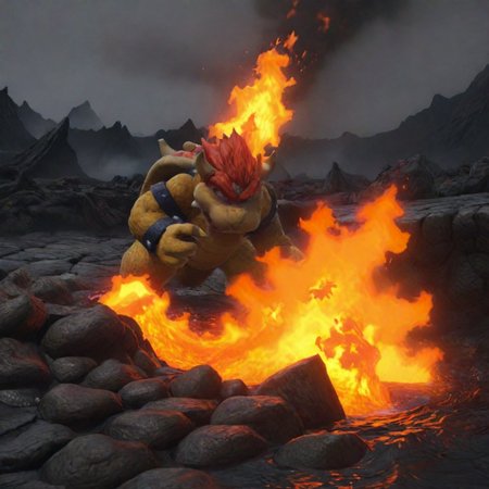 Bowser running into lava pool, realistic <lora:Bowser-cai:1> <lora:LCMSDXL:1>