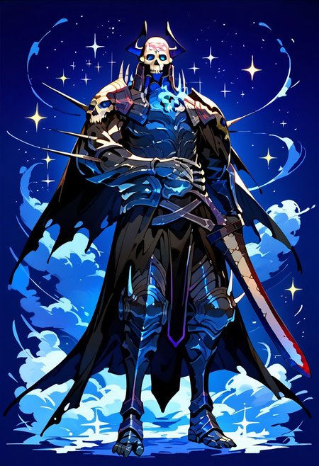score_9,score_8_up,score_7_up,source_anime, king_hassan_(fate),solo,looking at viewer,1boy,holding,standing,full body,weapon,male focus,horns,sword,star \(symbol\),holding weapon,armor,sparkle,mask,glowing,holding sword,shoulder armor,glowing eyes,cloak,spikes,skull,black cloak,skull mask,hands on hilt,