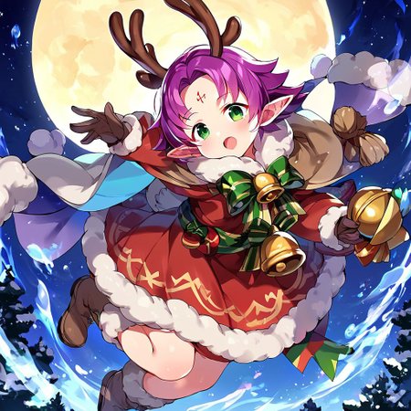 score_9, score_8_up, score_7_up, source_anime, rating_explicit, BREAK  <lora:Fae_Fuuin_no_Tsurugi_XL:1>
fae, 1girl, facial mark, forehead mark, antlers, open mouth, green eyes, wings, solo, purple hair, short hair, dress, pointy ears, long sleeves, reindeer antlers, fur trim, boots, full body, brown gloves, bell, cape, gloves, holding, sky, night,