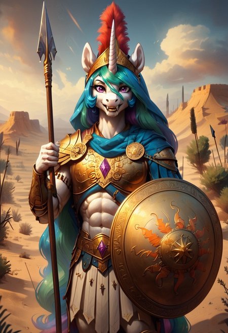 Princess Celestia, anthro pony, alicorn, Spear Warrior, holding spear, no helmet, looking at viewer, fangs, smile, desert