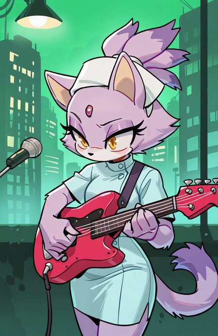 1girl, solo, <lora:knuxze:1> knuxze,
blaze the cat, purple fur, topknot, ponytail, cat tail, yellow eyes, nurse, nurse outfit, light blue tunic, navy skirt, white headscarf, (medium shot), playing an instrument, detailed face, located in an urban scene at a historic business district during rush hour with foggy weather, illuminated by building lights, creating a hectic,urban chic atmosphere, extremely detailed, highres, masterpiece, best quality