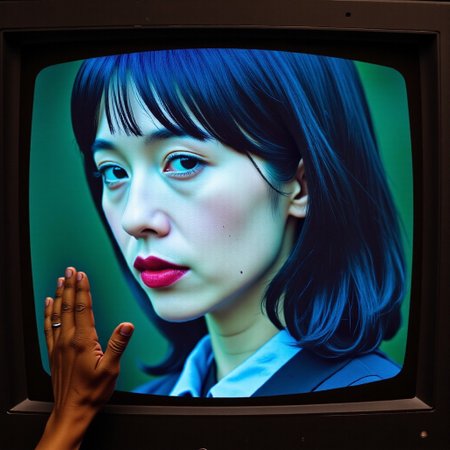 A close up image of a old computer screen that shows the head shot of a woman(she is asian with blunt bangs and green eyes, she has silver skin and is wearing a skintight astronaut suit without the helmet) reaching out and pressing on her side of the screen. Where her hand touches the screen there is a little bit of video distortion. dreamini, PROKUDINGORSKII, scifi robot, detailed hands