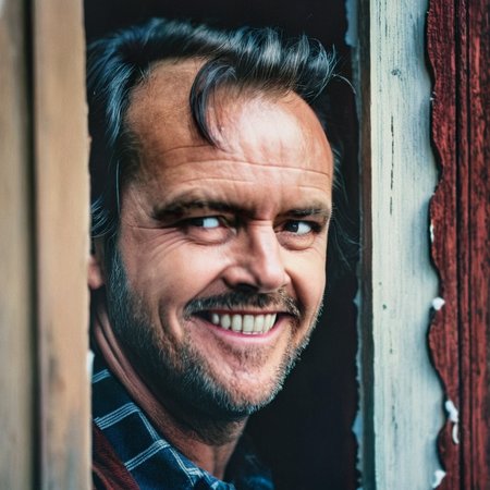 UHD, 4k, ultra detailed, cinematic, a photograph of  <lora:perfection style:0.5> <lora:detailed:0.5> perfection detailed
 <lora:The Shining film style:0.9>
 <lora:1980's style:0.4>
Jack Torrance closeup In the 1980's in the Colorado Rocky Mountains a man with a beard and a smile on his face peaking out of a broken door,solo,smile,1boy,male focus,teeth,looking to the side,facial hair,portrait,beard,realistic,mustache , cinematic, film, kodak, The Shining film style, here's johnny closeup style, epic, beautiful lighting, inpsiring