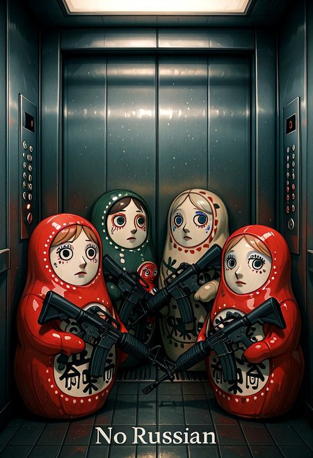 embedding:IllusP0s, no russian, elevator, holding weapon, assault rifle, 4 russian dolls, matryoshka dolls, no humans