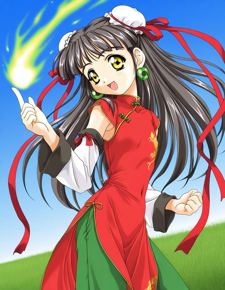 general,highres, ultra-detailed,very aesthetic,best quality ,best hands,  BREAK <lora:Kounyan_Spiral_NAMI_IS:1>Kounyan, black hair, long hair, double bun, hair bun, bun cover, yellow eyes, ribbon, earrings, flat chest, green jewelry,
1girl, solo, chinese clothes, china dress, red dress,  open mouth, long hair, smile, detached sleeves, green China pants,
grass, blue sky, aura, aura effect, spark,