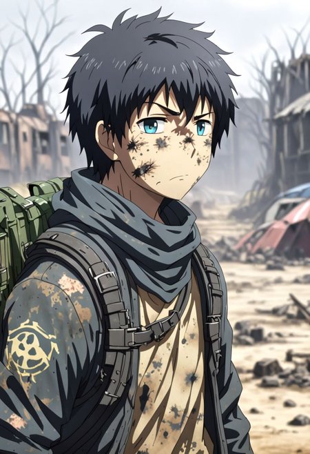 high resolution, solo, best quality, 1Boy, Arata Kaizaki, Black Hair, shallow depth of field, Post-Apocalyptic, survival, OverallDetail