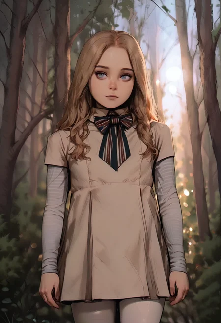 masterpiece,best quality,amazing quality,    <lora:M3GAN_IL:1> m3ganwaifuil,,  dress, long sleeves, shirt,  white pantyhose, striped clothes, bow,  blue eyes, <lora:GTHAN2:1> GTHAN, realistic,  blurry background, outdoors, portrait, bokeh, forest