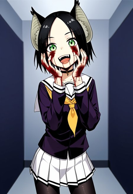 score_9, score_8_up, score_7_up, score_6_up, score_5_up, score_4_up,, 1girl, solo, original anime, Chii Suimori, bat girl, short hair, black hair, bat ears, fluff on ears, bald forehead, flat chest, (green eyes: 1.1),
skirt, school uniform, pleated skirt, serafuku, white skirt, shirt, purple shirt, sailor collar, white sailor collar, long sleeves, handkerchief, yellow handkerchief, long pantyhose, black pantyhose, choker with cross
 black hair, crazy smile, dark aura, fangs, smug look, open mouth, fangs with song, ((blood, blood on clothes, blood splashes, abstract, wall full of blood, on a wall of blood, depth of field), standing, hands on face, fighting pose