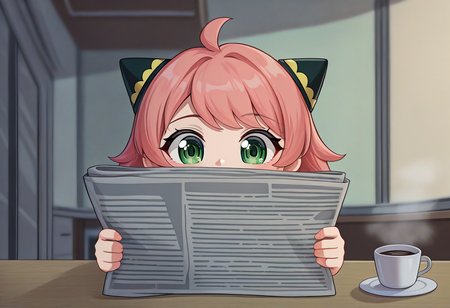 1girl, anya forger, holding newspaper, coffee, table, sitting at table, steam, kitchen, masterpiece,best_quality,SimplePositiveXLv2, newest, masterpiece, best quality, absurdres, highres, highly detailed, very aesthetic, <lora:add-detail-xl:2>,