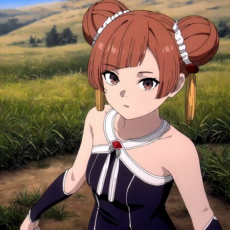 <lora:FBJE_LaufenXLIllustrious008>,
masterpiece,best quality,good quality,newest,
detailed background,grassland,blue sky,glitter,
looking at viewer,
solo,
Laufen,1girl,brown hair,short hair,double bun,brown eyes,yellow hairornament,
black dress,bare shoulders,
upper body,
standing,
