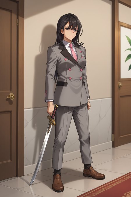 score_9, score_8_up, score_7_up, score_6_up, score_5_up, score_4_up, masterpiece, high quality, BREAK, full body, BREAK, 1girl,  <lora:Wendy Sato:0.8> Black hair, grey eyes, large breasts, grey suit, pink necktie, gauntlets, katana, <lora:SwordPlantedStanding:0.9> SwordPlanted, standing, sword in hand, sword planted, weapon