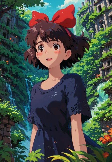 safe_pos, ZPDXL3, score_9, score_8_up, score_7_up, score_6_up, score_5_up, score_4_up, 
1girl, medium breasts, solo, 

dark blue dress, baggy clothes, hairband, red hair bow, ruins, moss, waterfall,

majokiki, dark brown hair, brown eyes, blush, hairband, red hair bow,