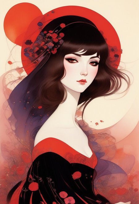 ,tj,LocationInformation,in the style of 2d game art,characterized girl,dmitry vishnevsky, black and red,cute and dreamy,editorial illustrations,kawai girl ,detailed drawing,
