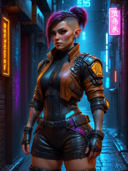 woman, dwarf, short, cyberpunk, leather clothes, side alley, neon lights <lora:Neon_Cyberpunk_SDXL_Dwarves:0.8>, (masterpiece:1.2), best quality, (hyperdetailed, highest detailed:1.2), high resolution textures