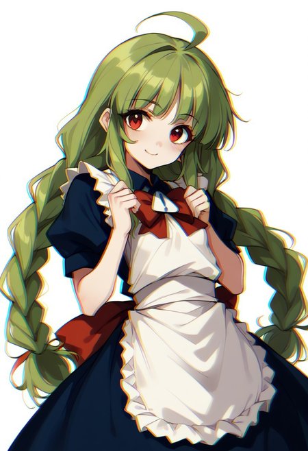 score_9, score_8_up, score_7_up, score_6_up, 1girl, solo, me-tan, bright green hair, ahoge, twin braids, blue dress, red bow, white apron, puffy short sleeves, flat chest, evil smile, red eyes, white thighhighs,  blue background, Retro glitch, dynamic pose, dynamic angle, dutch angle, glitchy, covered erect nipples, ((chromatic aberration:1.2)), bloomers