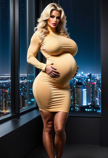 Masterpiece, highly detailed, realistic photo, Anna Nicole Smith, 35 year old MILF, ((huge breast)), ((thick lips)), ((Pregnant)), ((long blonde wavy hair)),  ((toned abs)), ((muscular abs)), ((toned legs)), ((muscular legs)),  slcn breasts, wearing a ((one piece scifi dress)), ((cleavage)), long sleeves, ((bare shoulder)), hip vents, Dark black with gold highlights, ((camel toe)), standing futuristic living room in front of a large window, ((night time)), ((side lighting)), hi-tech city in the background, sexy dynamic pose,   looking directly at the viewer,troncore, OverallDetail,big tits,  muscle_bimbo, bre4st5,  pr3gg0