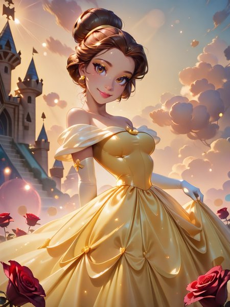 highres, hi res, best quality, masterpiece, cute,
1girl, medium breasts, (BelleXL:1.1), brown hair, brown eyes, yellow dress, off-shoulder dress, white shirt, long dress, elbow gloves, jewelry, single hair bun, lipstick, makeup,
light smile, dutch angle, naughty pose, happy, , looking at viewer, princess castle, garden, flowers around, clouds, sky, daylight, portrait, dynamic pose, cowboy shot, multiple red rose around, one hand dress lift, head tilt, light particles,
 <lora:RealisticAnimeIXL:1> bokeh, luminescent background,, <lora:Belle-IL:1>