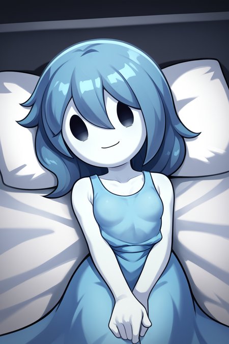 score_9, score_8_up, nsfw, score_7_up, <lora:Spooky:0.9>  spooky (sjm), ghost girl, solid oval eyes, smile, transparent, colored skin, long blue hair, small breasts, blue dress, solo, ((front view)), laying on side, bed, bedsheets, bed invitation,, streets, moonlight,