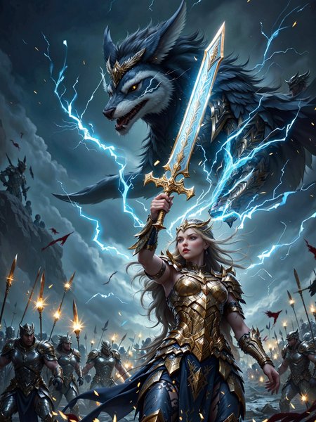 VALHERO, art, painting,score_9, score_8_up, score_7_up, Portrait, An awe-inspiring depiction of a Valkyrie standing resolutely on the blood-soaked earth of a battlefield,holding her gleaming sword, etched with glowing runes of divine power, radiates an ethereal light, cutting through the swirling mists of war. Her armor, a mix of silver and gold adorned with intricate wing motifs, bears the marks of combatâscratches and dents that only enhance her formidable presence.    <lora:Heroes_of_Valhalla_PONY:1.0>
