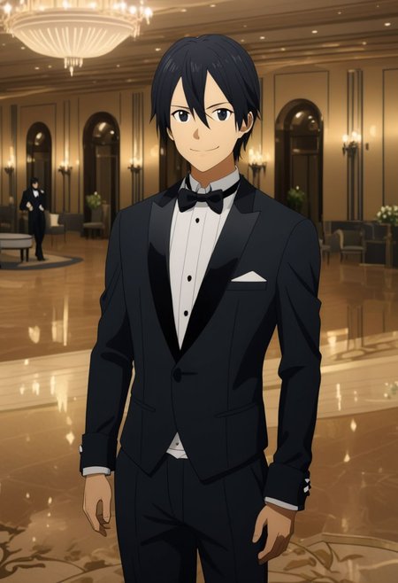 high resolution, professional photography, best quality, 1Boy, Kirigaya Kazuto, Black Hair, Black Eyes, overalldetail, ballroom, luxury hotel, tuxedo, smile, mysterious, confident, rich