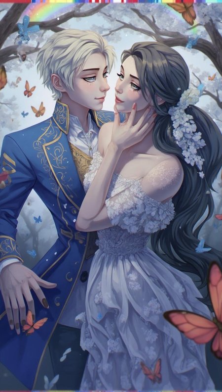 <lora:ck-LttleGhost-000011.safetensors:1> in the style of ck-lttlegh0stIn a breathtaking digital painting, a pale-skinned bride and groom share a tender kiss amidst a whimsical fairy tale setting. The groom wears a blue tailcoat adorned with intricate patterns, while the bride dons a flowing off-shoulder lace gown. Surrounded by fluttering butterflies and an ethereal misty sky, the couple is bathed in a soft rainbow glow cast by delicate fairy lights.